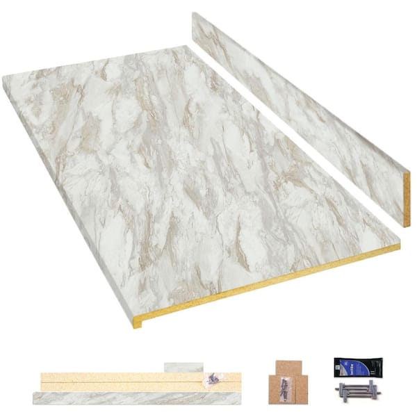 4 ft. Straight Laminate Countertop All-Inclusive Kit in Textured Drama Marble with Eased Edge and Loose Backsplash