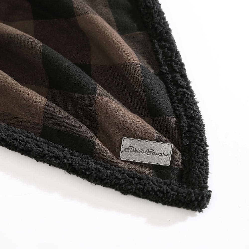 Brown Plaid Reversible Sherpa Cotton Throw Blanket