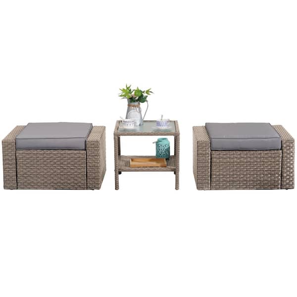 Unbranded 3-Pieces Brown Wicker Patio Conversation Set, Footstools and Ottomans Small Furniture, With Table and Gray Cushions