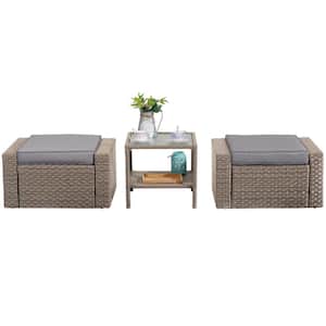 3-Pieces Brown Wicker Patio Conversation Set, Footstools and Ottomans Small Furniture, With Table and Gray Cushions
