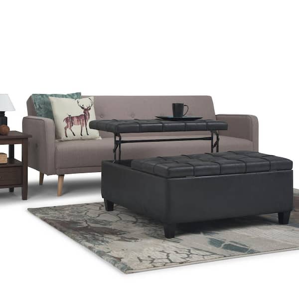 Distressed Black Faux Leather, Simpli Home Harrison Coffee Table Storage Ottoman In Distressed Black