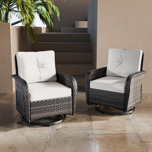 EAGLE PEAK 2-Piece Wicker Swivel Outdoor Rocking Chairs Patio Conversation Set with Cushions