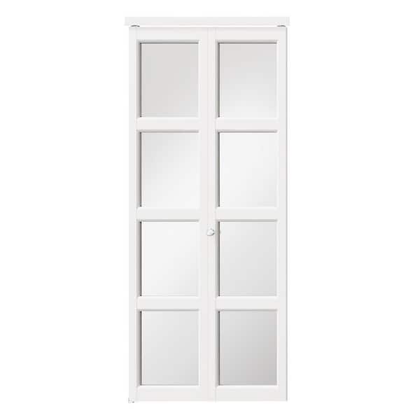 TENONER 36 in x 80 in 4 Lite, Mirrored Glass, Solid Core, MDF, PVC Covering Bi-Fold Door with Hardware Kits