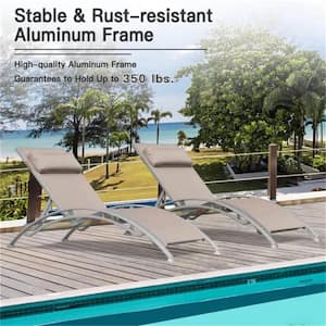 Outdoor Chaise Lounge Patio Recliner Chairs with Adjustable Backrest & Removable Pillow for Yard Beach, Khaki (Set of 2)