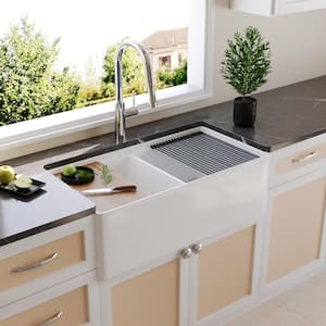 33 in. Farmhouse/Apron-Front Double Bowl White Fireclay Workstation Kitchen Sink with Grid and Basket Strainer