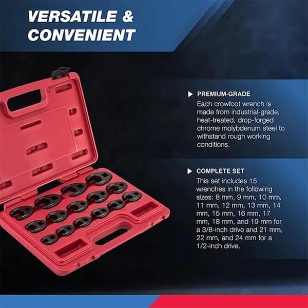 NEIKO 1/2 in. and 3/8 in. Drive Crowfoot Wrench Set, 15 Piece