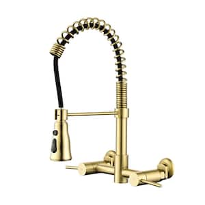 Double Handle 3 Functions Wall Mounted Bridge Pull Down Sprayer Kitchen Faucet in Gold