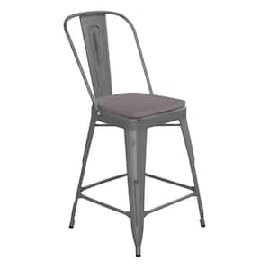 24 in. Silver Gray/Gray Metal Outdoor Bar Stool