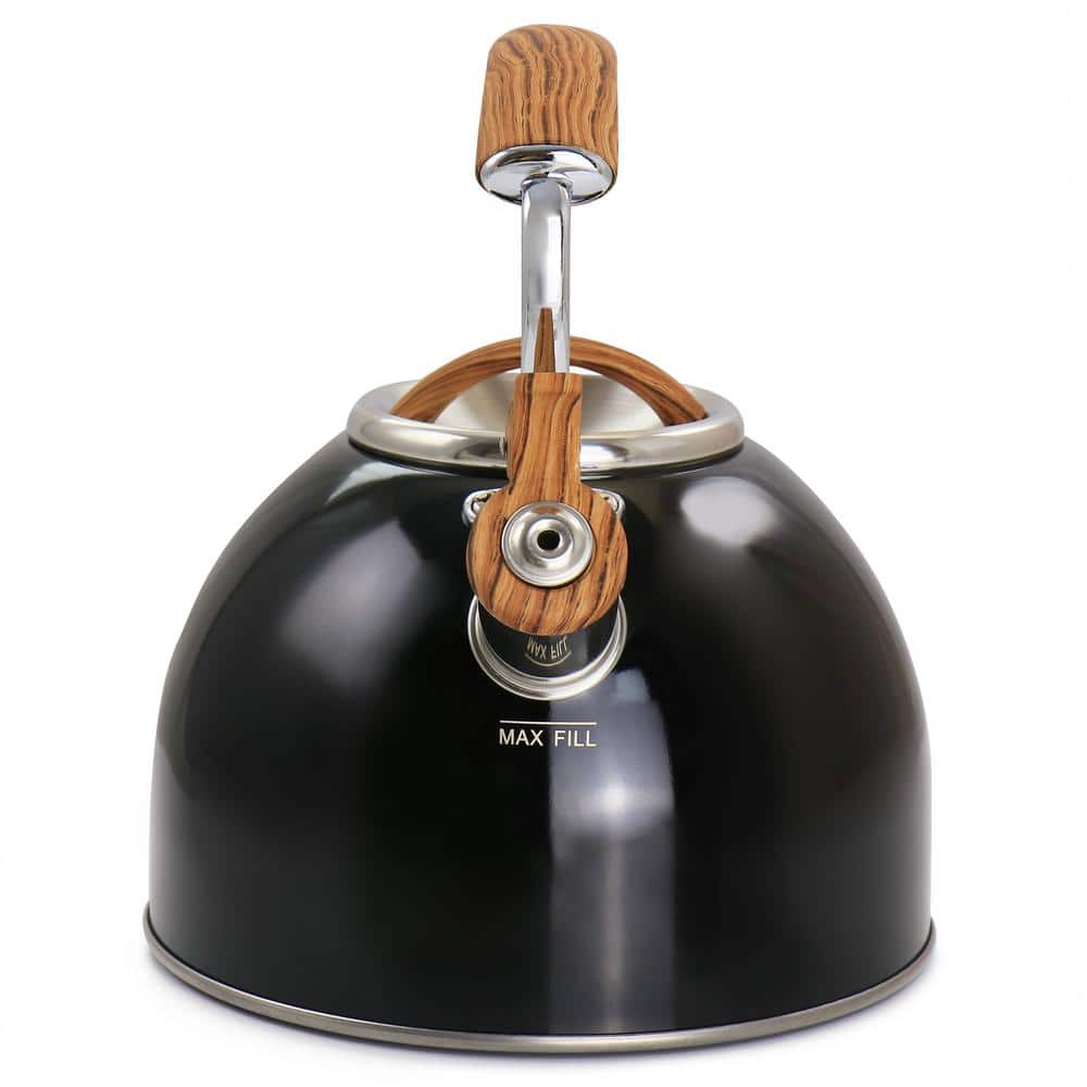 Black Stainless Steel Whistling Tea Kettle with Wood Pattern Handle