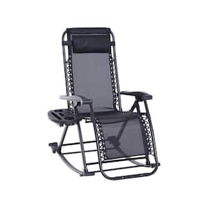 Outdoor Wicker Foldable Reclining Zero Gravity Lounge Outdoor Rocking Chair with Pillow, Cup and Phone Holder in Black