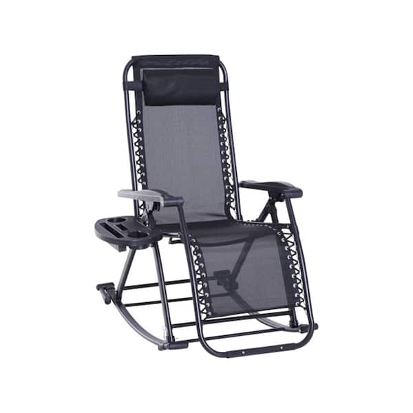 ITOPFOX Outdoor Wicker Foldable Reclining Zero Gravity Lounge Outdoor Rocking Chair with Pillow, Cup and Phone Holder in Black
