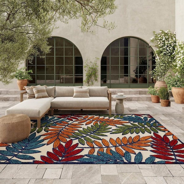 Aloha Multicolor 9 ft. x 12 ft. Botanical Contemporary Indoor/Outdoor Area Rug