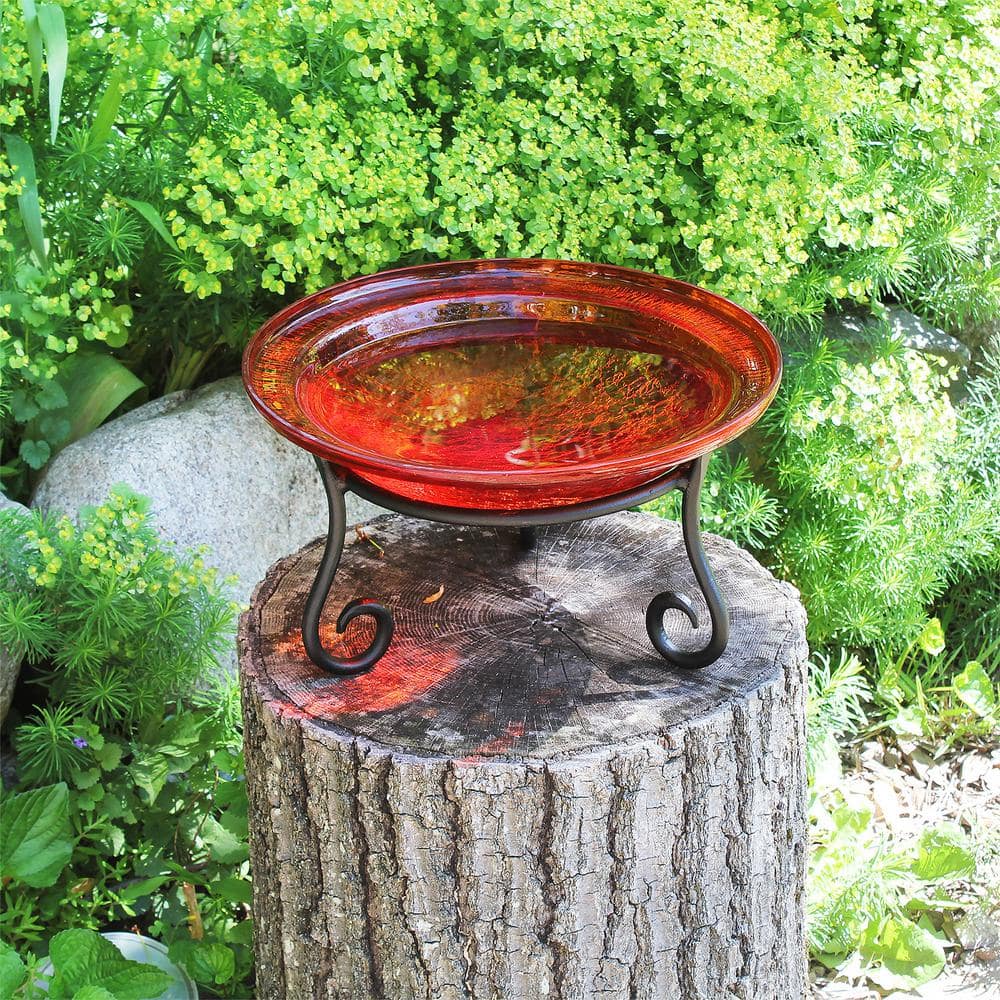Tomato Red Crackle Glass Birdbath with Wrought Iron Stand