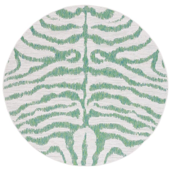 Courtyard Ivory/Green 7 ft. Round Zebra Indoor/Outdoor Area Rug