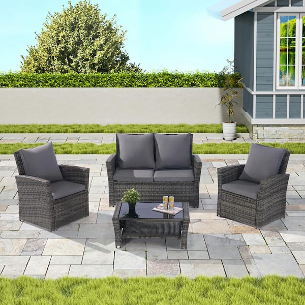 Unbranded 4-Pieces Wicker Outdoor Patio Furniture Sectional Set, with Dark Gray Cushions and Tempered Glass Coffee Table