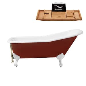 66 in. Cast Iron Clawfoot Non-Whirlpool Bathtub in Glossy Red with Brushed Nickel Drain and Glossy White Clawfeet