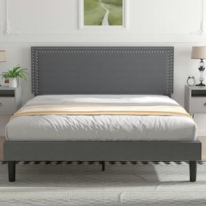 Upholstered Bed with Adjustable Headboard, No Box Spring Needed Platform Bed Frame, Bed Frame Gray Queen Bed