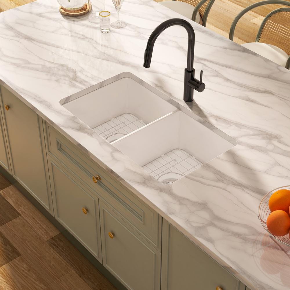 Oslo 32" White Fireclay Double Bowl Drop-In Kitchen Sink