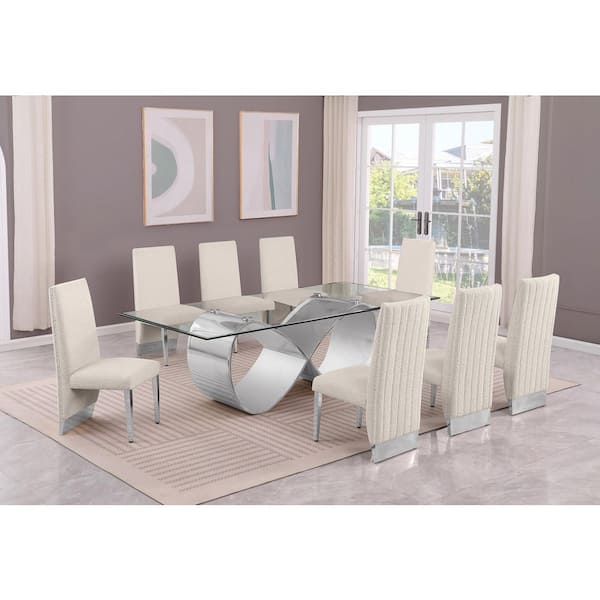 Best Quality Furniture Celia 9-Piece Clear Tempered Glass Top with Stainless Steel Base Dining Set with 8-Cream Chairs