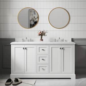 60.6 in. W x 22.4 in. D x 40.7 in. H Freestanding Bathroom Vanity in White with Two White Engineered Stone Top