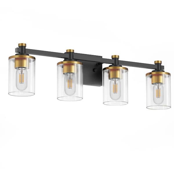27.6 in. 4-Light Black and Gold Vanity Light Modern Wall Sconce with Clear Cylinder Glass Shades, E26 Bathroom Fixture