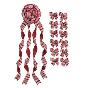 Red and White Large Ribbon Christmas Tree Topper Bow and 12 Mini Bows in Fair Isle Print (13-Pieces)