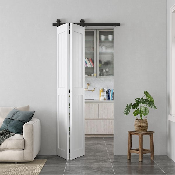 28 in. x 84 in. 2-Plank Prefinished White MDF Bi-Fold Sliding Barn Door with Hardware Kit, Top-Mounted