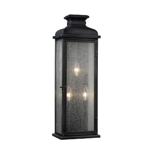 Pediment 8 in. W 3-Light Dark Weathered Zinc Outdoor 23.875 in. Wall Lantern Sconce with Clear Seeded Glass