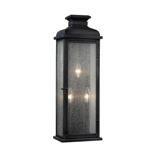 Generation Lighting Pediment 8 in. W 3-Light Dark Weathered Zinc Outdoor 23.875 in. Wall Lantern Sconce with Clear Seeded Glass
