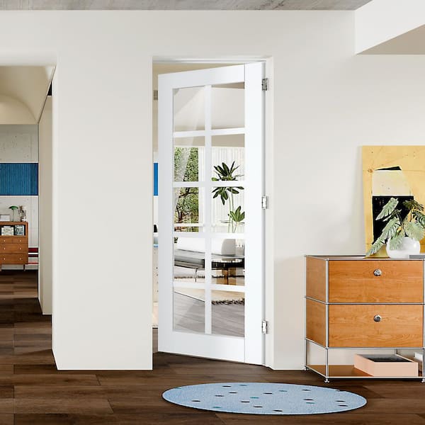 32in. x 80in. 10 Lite Mirrored Glass, Composite, White Primed MDF Prehung Interior Door Right-Handed w/Jamb and Hardware