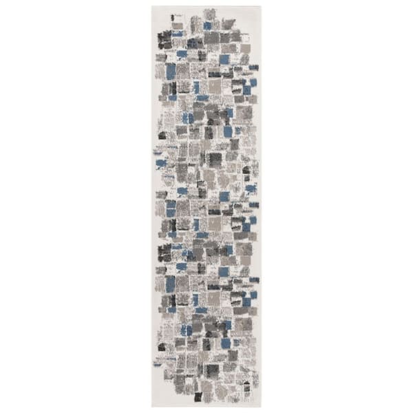 Pyramid 2 ft. x 8 ft. Ivory/Gray Navy Abstract Geometric Tile Runner Rug