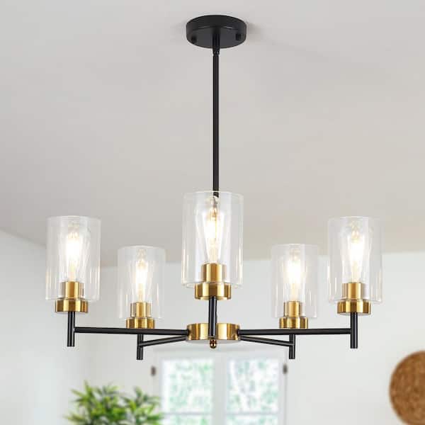 LWYTJO Delmo 5-Light Black/Gold Dimmable Rustic Chandelier with Cylinder Glass Shade Kitchen Island Pendant Light