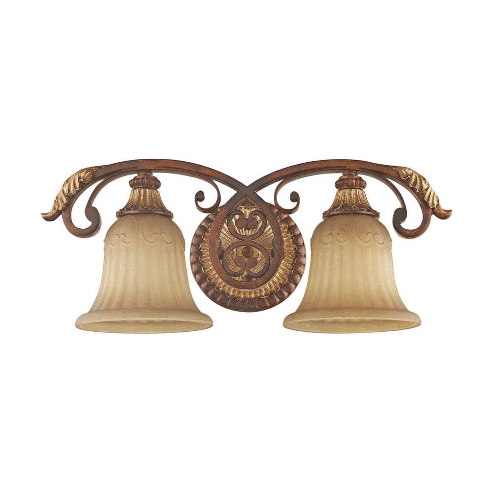 Verona Bronze & Aged Gold Leaf 2-Light Vanity with Rustic Art Glass