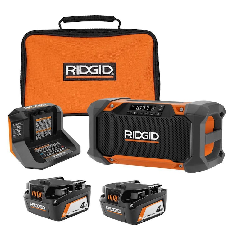 RIDGID 18V (2) 4.0 Ah Batteries and Charger Kit with 18V Hybrid Jobsite Radio with Bluetooth Technology