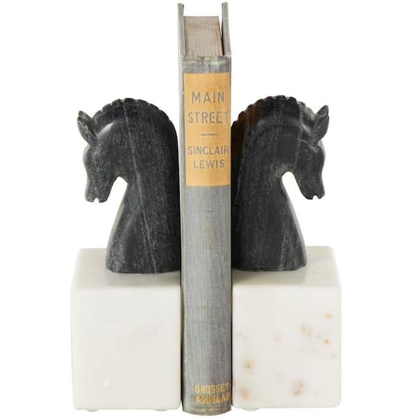 Litton Lane Black Marble Distressed Horse Bookends with White Block Bases (Set of 2)