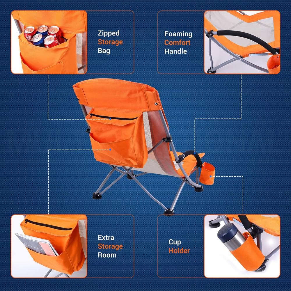 Orange High Back Folding Camping Chairs with Cooler and Cup Holder - Set of 2