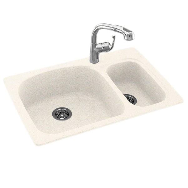 Swan Drop-In/Undermount Solid Surface 33 in. 1-Hole Double Bowl Kitchen Sink with Faucet in Baby's Breath
