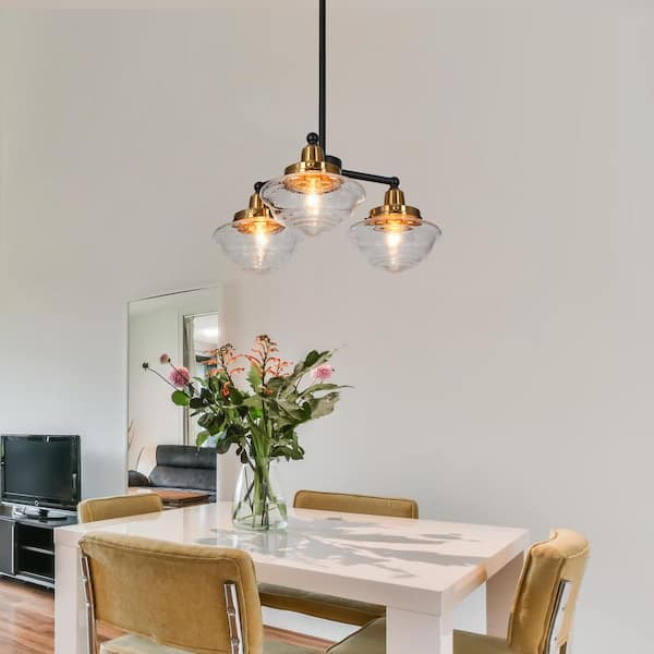 16 in. 3-Light Brass-Plated Round Chandelier, Seeded Glass Black Pendant Light, Modern Hanging Light Fixture