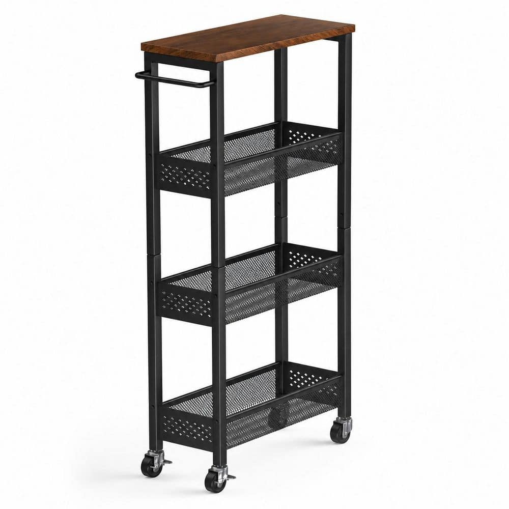 4-Tier Black Slim Rolling Storage Cart with Wooden Top, Metal Handle and Swivel Casters for Small Spaces