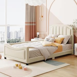 Beige Wood Frame Twin Size Velvet Upholstered Daybed with Classic Vertical Stripe Shaped Headboard, Nailhead Trim Design