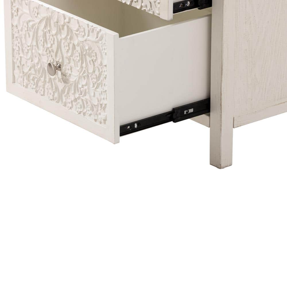 White-Washed Farmhouse 2-Drawer Nightstand with Floral Motif