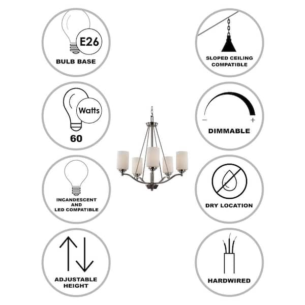 Mod Pod 5-Light Brushed Nickel Candle Chandelier Light Fixture with Frosted Glass Cylinder Shades