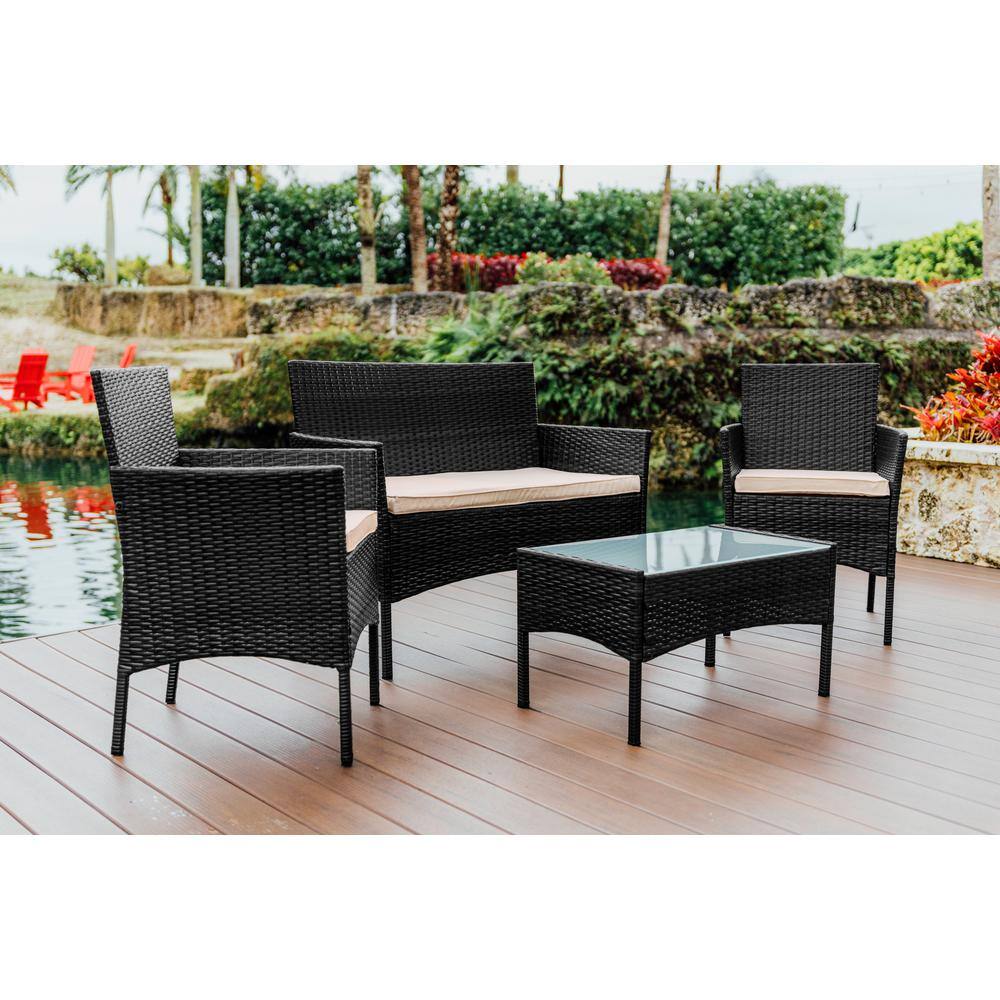 Nestl 4-Piece Black Wicker Patio Furniture Set with Beige Cushions