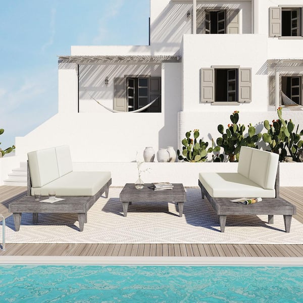 JimsMaison 3-Piece Solid Wood Patio Conversation Set with Side Table and beige Cushions