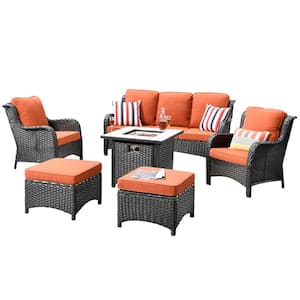 Eclogue Brown 6-Pcs Wicker Outdoor Patio Fire Pit Seating Sofa Set and with Orange Red Cushions