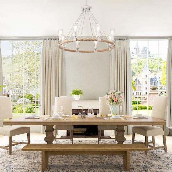 8-Light Gray Circle Candle Design Wagon Wheel Chandelier Hemp Rope Linear Lighting Fixture for Kitchen Island