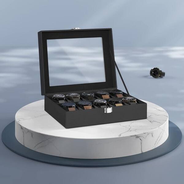 Black Rectangle PU Leather 10-Slot Watch Box with Large Glass Lid
