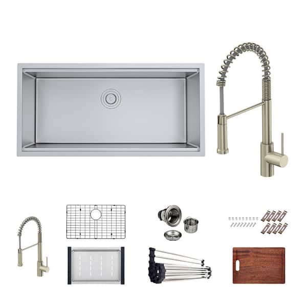 PELHAM & WHITE Bryn 16-Gauge Stainless Steel 36 in. Single Bowl Undermount Kitchen Sink Workstation with Classic Faucet, Grid, Drain