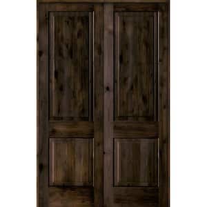 56 in. x 96 in. Rustic Knotty Alder 2-Panel Universal/Reversible Black Stain Wood Prehung Interior Double Door