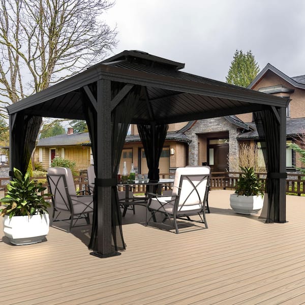 12 ft. W x 12 ft. D Aluminum Hardtop Gazebo with Galvanized Double Roof and Textilene Netting